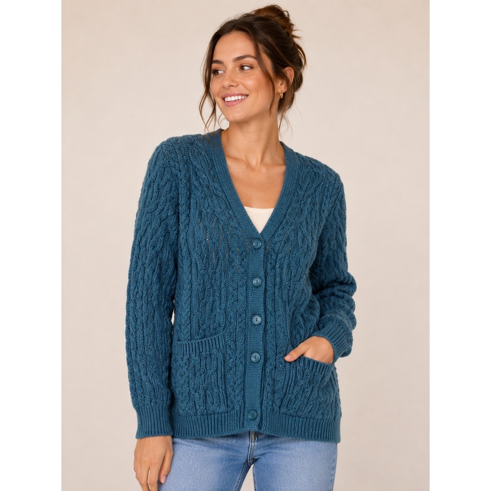 Aran Crafts Teal Blue 100% Merino Wool Cable Knit Cardigan Sweater Ireland XXS